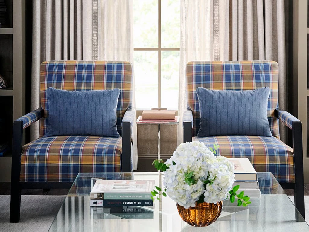 Furniture Upholstery Pasquarello 2 Custom Upholstery by Pasquarello Interiors South Jersey. Image of to blue and yellow check chairs with blue pillows.